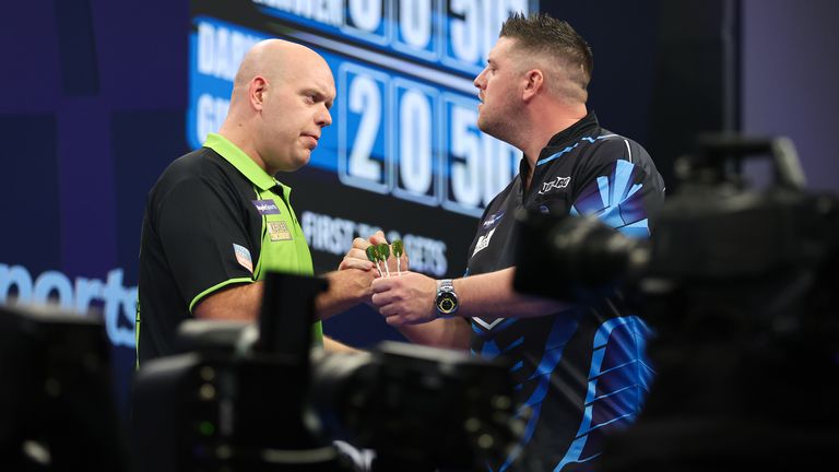 Michael van Gerwen and Daryl Gurney at the World Grand Prix