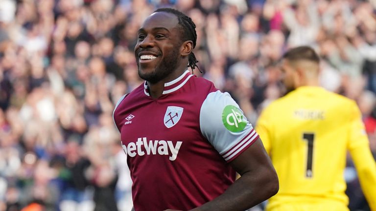 West Ham United's Michail Antonio celebrates scoring the first goal in the game against Ipswich