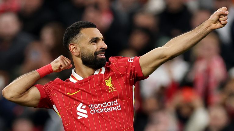 Mo Salah celebrates after scoring Liverpool's second. 