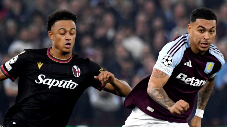 Aston Villa's Morgan Rogers, right, fights for the ball against Bologna's Dan Ndoye during the Champions League opening phase soccer match between Aston Villa and Bologna at the Villa Park in Birmingham, England, Tuesday, Oct. 22, 2024. (AP Photo/Rui Vieira)