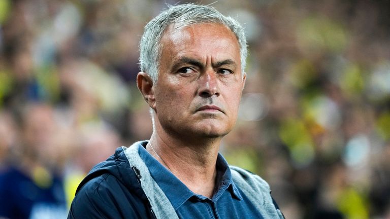 Fenerbahce's head coach Jose Mourinho prior to the Turkish Super Lig soccer match between Fenerbahce and Galatasaray  in Istanbul, Turkey, Saturday, Sept. 21, 2024. (AP Photo/Francisco Seco)