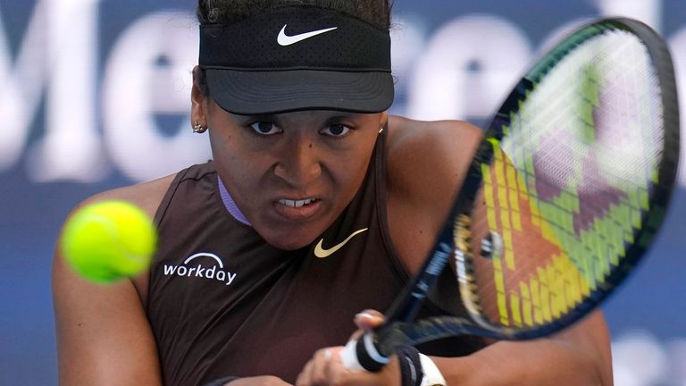 Japan's Naomi Osaka returns a shot against Italy's Lucia Bronzetti during China Open tennis tournament in Beijing, Wednesday, Sept. 25, 2024. (AP Photo/Ng Han Guan)