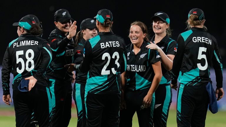 New Zealand's players celebrate the dismissal of West Indies' Shemaine Campbelle during the ICC Women's T20 World Cup 2024 semi-final match between New Zealand and West Indies at Sharjah Stadium, United Arab Emirates, Friday, Oct. 18, 2024. (AP Photo/Altaf Qadri)