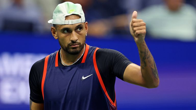 Nick Kyrgios reacts during a men's singles quarterfinal match at the 2022 US Open, Tuesday, Sep. 6, 2022 in Flushing, NY. (Simon Bruty/USTA via AP)