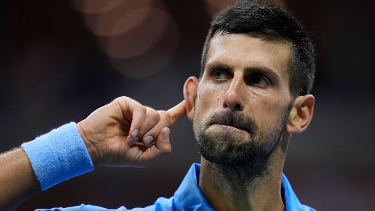 Novak Djokovic, of Serbia, reacts against Alexei Popyrin, of Australia, during a third round match of the U.S. Open tennis championships, Friday, Aug. 30, 2024, in New York. (AP Photo/Julia Nikhinson)