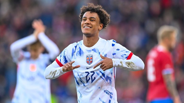 Norway's Oscar Bobb celebrates scoring during the international friendly soccer match between Norway and the Czech Republic at the Ullevaal stadium in Oslo, Friday, March 22, 2024. (Annika Byrde/NTB Scanpix via AP)