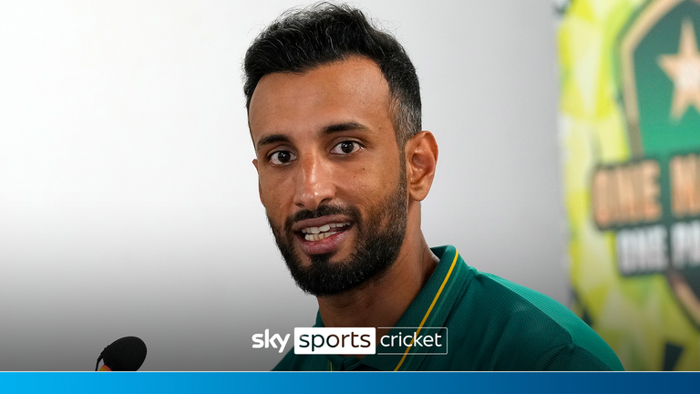 Pakistan test cricket team's skipper Shan Masood speaks during a press conference regarding upcoming three test series against England, in Karachi, Pakistan, Monday, Sept. 30, 2024. (AP Photo/Fareed Khan)