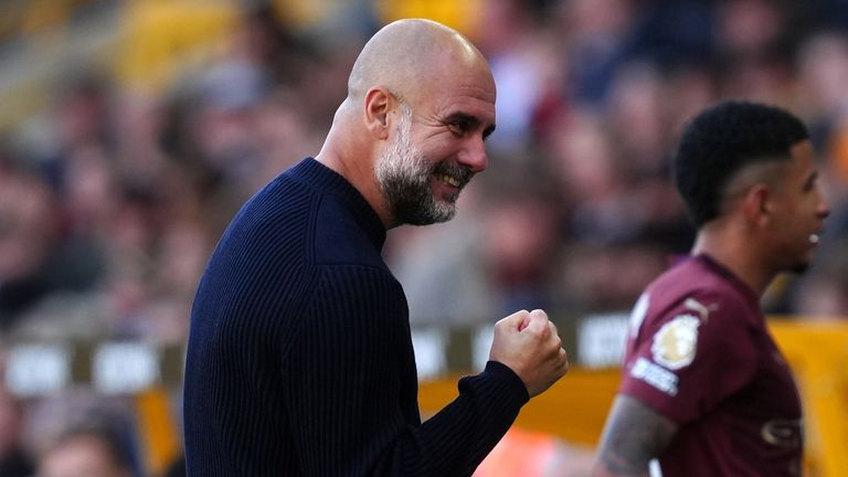 Manchester City manager Pep Guardiola reacts after their second goal during the Premier League match at Molineux Stadium, Wolverhampton. Picture date: Sunday October 20, 2024.