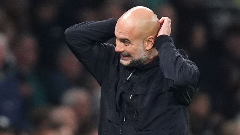 Manchester City manager Pep Guardiola reacts to a missed chance in injury time