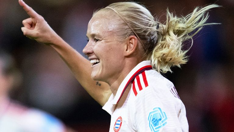 Munich's Pernille Harder celebrates after scoring her side's fifth goal during the women's Champions League group C soccer match between FC Bayern Munich and Arsenal Women FC in Munich, Germany, Wednesday, Oct. 9, 2024. (Sven Hoppe/dpa via AP)