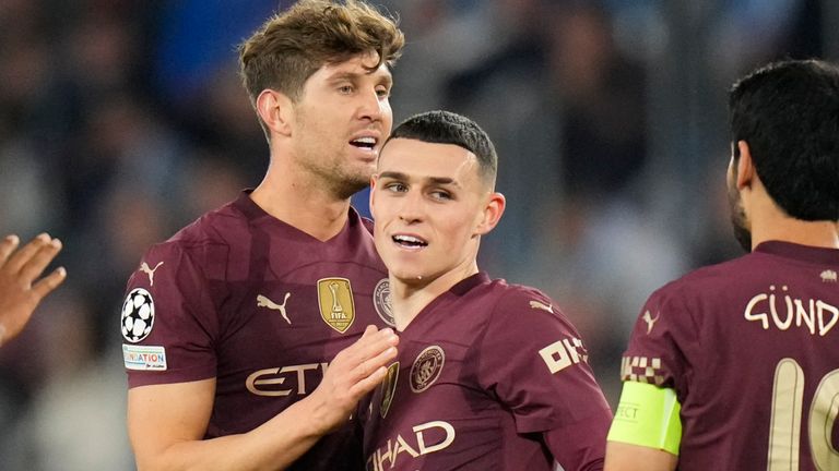 Phil Foden celebrates after scoring Man City's second