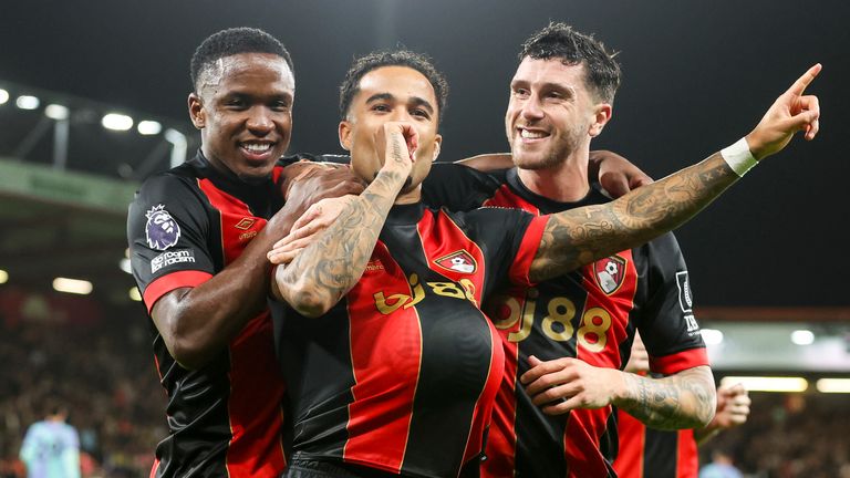 Justin Kluivert celebrates after doubling Bournemouth's lead over Arsenal from the penalty spot