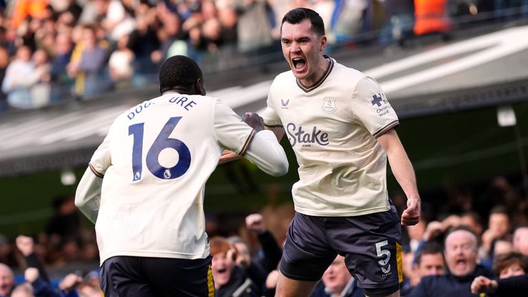 Michael Keane celebrates after doubling Everton's lead at Ipswich