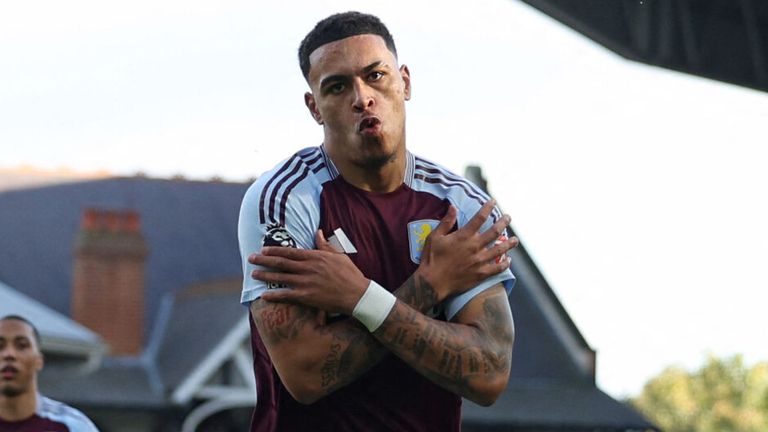 Morgan Rogers celebrates after equalising for Aston Villa at Fulham