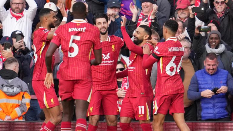 Mohamed Salah celebrates with his team-mates after converting a penalty to give Liverpool the lead against Chelsea