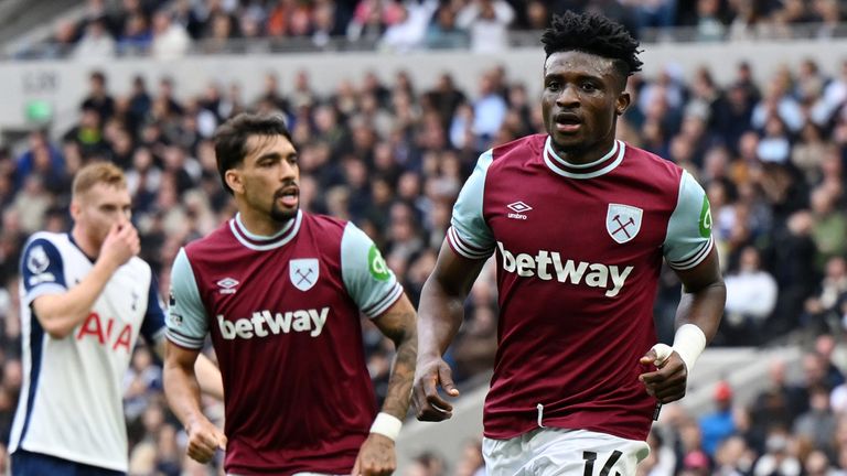 Mohammed Kudus turns to celebrate after scoring West Ham's opening goal at Tottenham