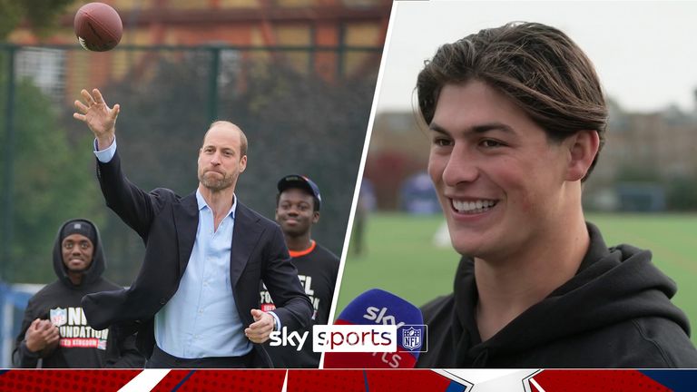 Britain's Prince William throws a football as he attends a NFL Foundation NFL Flag event, an inclusive and fast paced American Football format, in London, Tuesday, Oct. 15, 2024. (AP Photo/Kin Cheung, Pool)