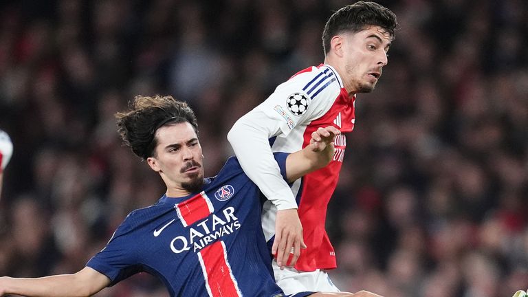 Paris Saint Germain's Vitinha and Arsenal's Kai Havertz in Champions League action