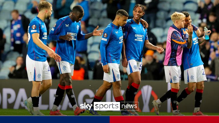 Rangers players celebrate after the UEFA Europa League group stage match at Ibrox Stadium, Glasgow. Picture date: Thursday October 24, 2024.
