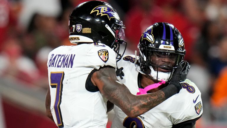 Baltimore Ravens wide receiver Rashod Bateman and quarterback Lamar Jackson celebrate after Bateman's touchdown