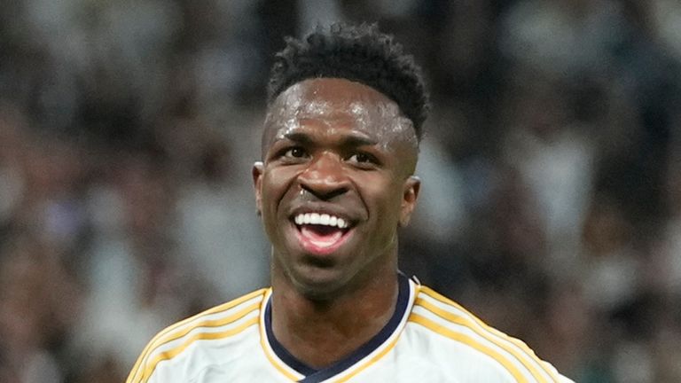 FILE - Real Madrid's Vinicius Junior celebrates after scoring his side's opening goal during the Spanish La Liga soccer match between Real Madrid and Barcelona at the Santiago Bernabeu stadium in Madrid, Spain, Sunday, April 21, 2024. (AP Photo/Manu Fernandez) , File)