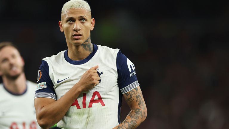 Tottenham's Richarlison celebrates after scoring the opening goal by the penalty during the Europa League opening phase soccer match between Tottenham and AZ Alkmaar at the Tottenham Hotspur Stadium in London, Thursday, Oct. 24, 2024. (AP Photo/Ian Walton)