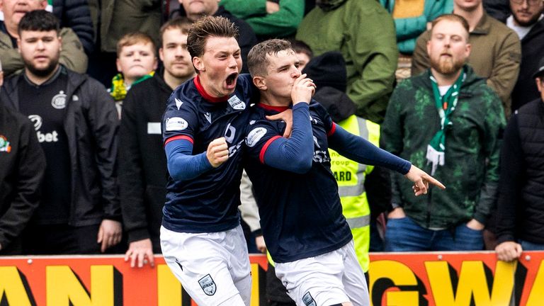 DINGWALL, SCOTLAND - OCTOBER 06: Ross County's Ronan Hale celebrates with Aidan Denholm after scoring to make it 1-0 during a William Hill Premiership match between Ross County and Celtic at the Global Energy Stadium, on October 06, 2024, in Dingwall, Scotland. (Photo by Alan Harvey / SNS Group)