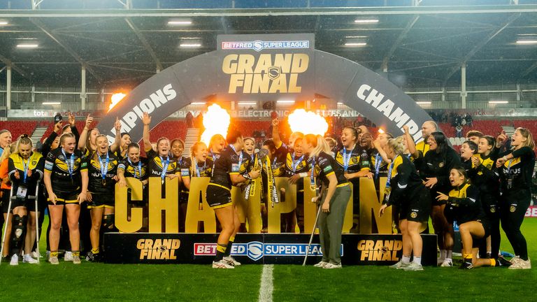 Picture by Allan McKenzie/SWpix.com - 06/10/2024 - Rugby League - Betfred Women's Super League Grand Final - St Helens v York Valkyrie - The Totally Wicked Stadium, St Helens, England - York Valkyrie lift the trophy after victory over St Helens in the Betfred Women's Super League Grand Final.