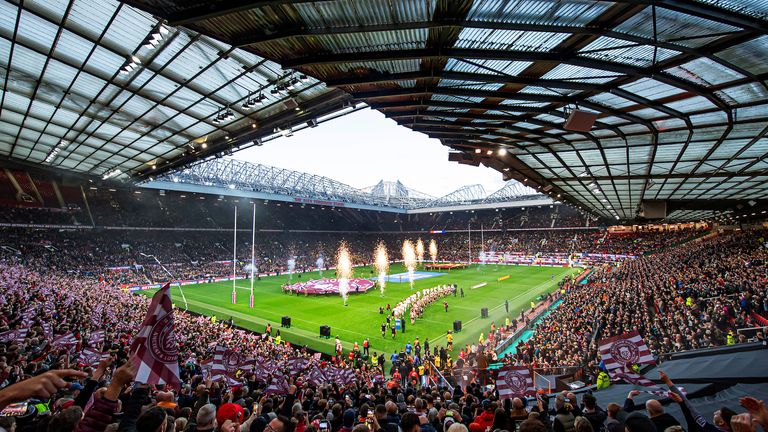 Picture by Allan McKenzie/SWpix.com - 14/10/2023 - Rugby League - Betfred Super League Grand Final - Wigan Warriors v Catalans Dragons - Old Trafford, Manchester, England - A general view (GV) as Wigan & Catalans take to the field of play.