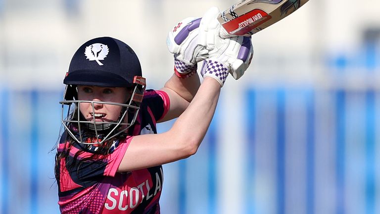 Scotland batter Sarah Bryce drives through the covers