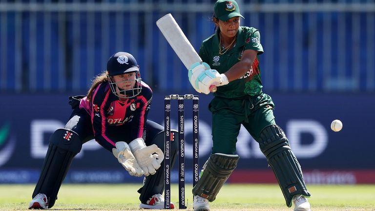 Bangladesh batter Sobhana Mostary in action against Scotland at the Women's T20 World Cup