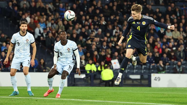 GLASGOW, SCOTLAND - OCTOBER 15: Scotland...s Scott McTominay has an early headed chance during a UEFA Nations League Group A1 match between Scotland and Portugal at Hampden Park, on October, 15, 2024, in Glasgow, Scotland. (Photo by Ross MacDonald / SNS Group)