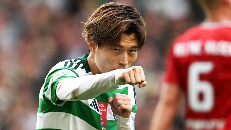 Kyogo Furuhashi celebrates after doubling Celtic's lead against Aberdeen