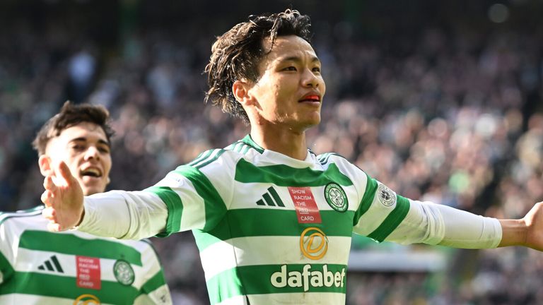 Reo Hatate celebrates after opening the scoring for Celtic against Aberdeen