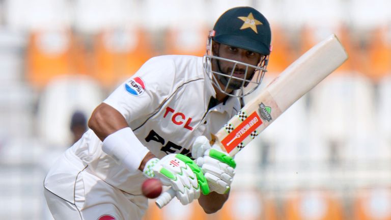 Pakistan's Shan Masood plays a shot during the first day of the first test cricket match between Pakistan and England, in Multan, Pakistan, Monday, Oct. 7, 2024. (AP Photo/Anjum Naveed)