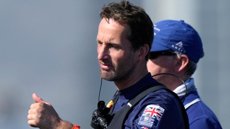 Ineos Britannia skipper Ben Ainslie reacts after winning the race 5 of the Louis Vuitton 37th America's Cup Day 4, in Barcelona, Spain, Wednesday, Oct. 16, 2024. (AP Photo/Bernat Armangue) 