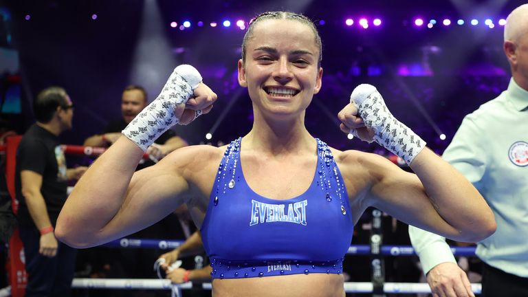Skye Nicolson celebrates her historic win Picture By Mark Robinson Matchroom Boxing.