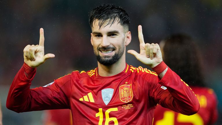 Alex Baena of Spain celebrates a goal during the UEFA Nations League 2024/25 League A Group A4 match between Spain and Serbia at Nuevo Arcangel stadium on October 15, 2024, in Cordoba, Spain. AFP7 15/10/2024 (Europa Press via AP)