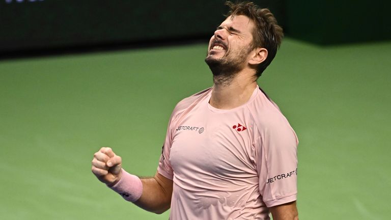 Switzerland's Stan Wawrinka celebrates after winning the quarter-final Nordic Open ATP tennis match against Russia's Andrei Rublev, at the Royal Tennis Hall in Stockholm, Sweden, Friday Oct. 18, 2024. (Anders Wiklund/TT News Agency via AP)