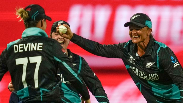 New Zealand's Suzie Bates, right, celebrates with teammates after the dismissal of West Indies' Shemaine Campbelle during the ICC Women's T20 World Cup 2024 semi-final match between New Zealand and West Indies at Sharjah Stadium, United Arab Emirates, Friday, Oct. 18, 2024. (AP Photo/Altaf Qadri)