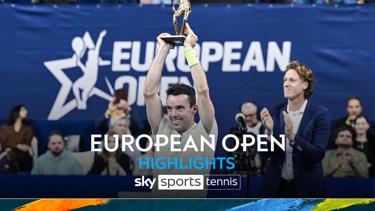 Spain's Roberto Bautista-Agut celebrates with the trophy after his victory over Czech Jiri Lehecka after their men final tennis match at the ATP European Open Tennis tournament at the Lotto Arena in Antwerp, on October 20, 2024. (Photo by Tom Goyvaerts / Belga / AFP) / Belgium OUT (Photo by TOM GOYVAERTS/Belga/AFP via Getty Images)