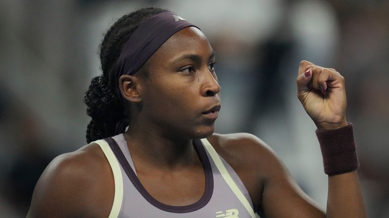 Coco Gauff of the United States reacts during her women's singles final match against Karolina Muchova of the Czech Republic at the China Open tennis tournament at the National Tennis Center in Beijing, Sunday, Oct. 6, 2024. (AP Photo/Achmad Ibrahim)