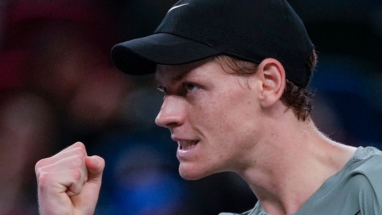 Jannik Sinner of Italy reacts during the men's singles match against Tomas Martin Etcheverry of Argentina in the Shanghai Masters tennis tournament at Qizhong Forest Sports City Tennis Center in Shanghai, China, Sunday, Oct. 6, 2024. (AP Photo/Andy Wong)