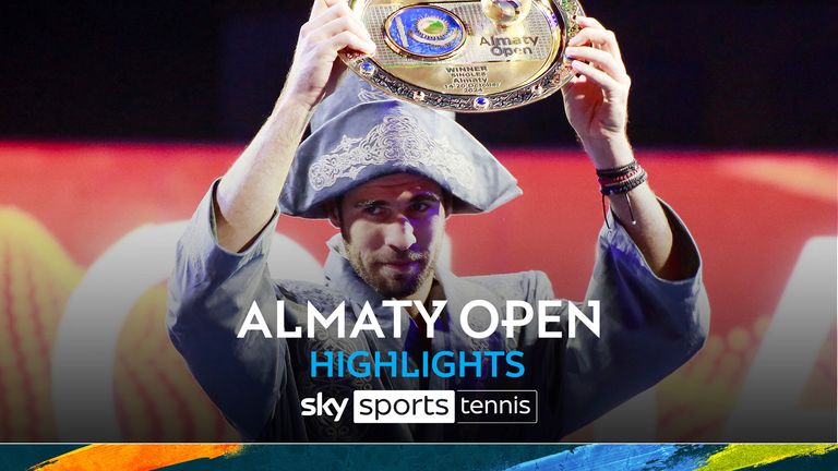 Russia&#39;s Karen Khachanov celebrates with his trophy after winning against Canada&#39;s Gabriel Diallo in the men&#39;s singles final match at the ATP Almaty Open tennis tournament, in Almaty on October 20, 2024. (Photo by Ruslan PRYANIKOV / AFP) (Photo by RUSLAN PRYANIKOV/AFP via Getty Images)