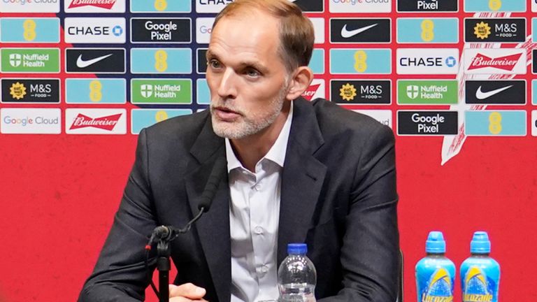 The newly appointed England men's head coach Thomas Tuchel speaks during a press conference held at Wembley Stadium (AP Photo/Alberto Pezzali)