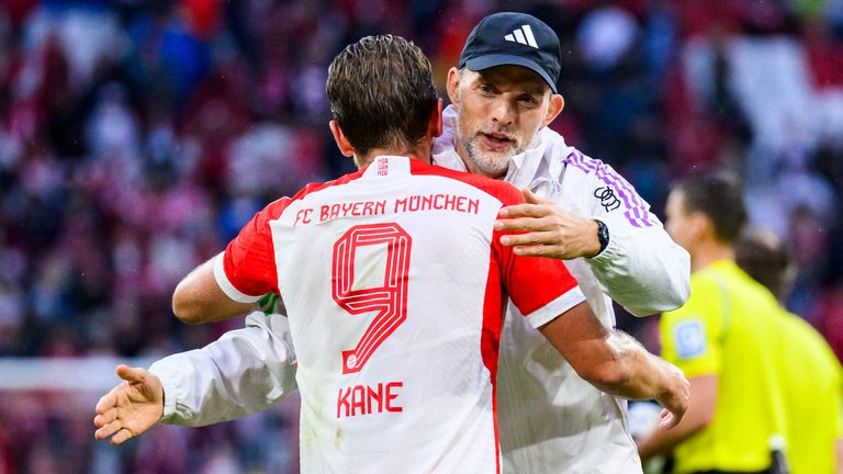 Thomas Tuhcel embraces Harry Kane after a Bundesliga match against Augsburg in 2023 (Tom Weller/picture-alliance/dpa/AP Images)