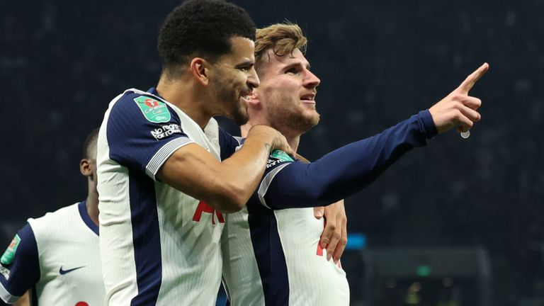 Tottenham Hotspur's Timo Werner celebrates with teammates after scoring against Manchester City (AP Photo/Ian Walton)