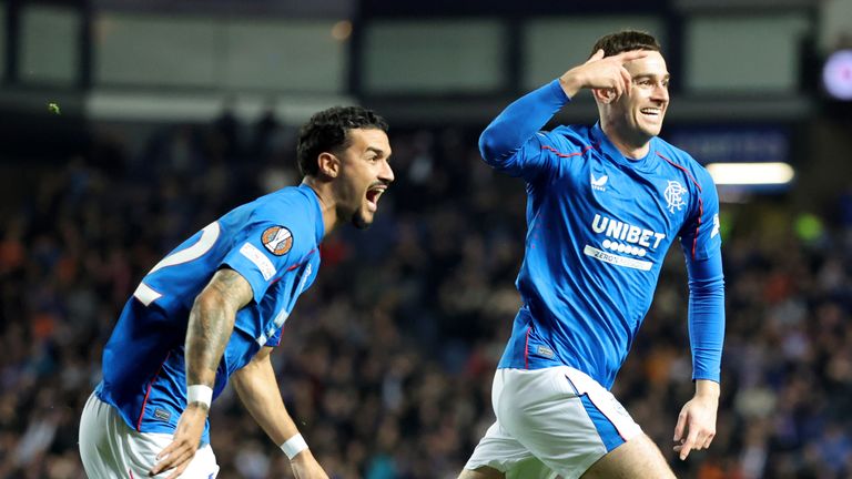 Tom Lawrence (right) celebrates scoring Rangers' opening goal against FCSB in the Europa League