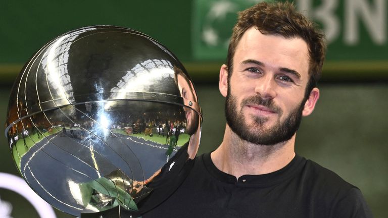 Tommy Paul of the U.S. poses with the trophy after winning the men's singles final Nordic Open ATP tennis match against Grigor Dimitrov of Bulgaria, at the Royal Tennis Hall, in Stockholm, Sweden, Sunday, Oct. 20, 2024. (Claudio Bresciani /TT News Agency via AP)