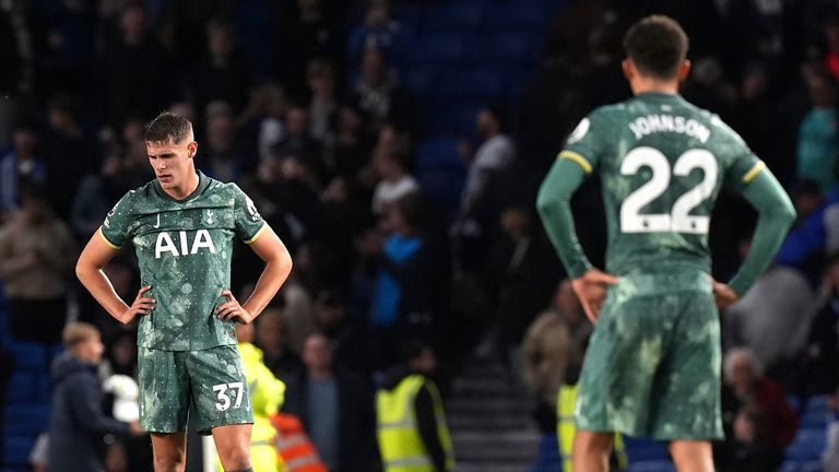 Tottenham Hotspur's Micky van de Ven (left) and Brennan Johnson look dejected after defeat in the Premier League match at the American Express Stadium, Brighton. Picture date: Sunday October 6, 2024.